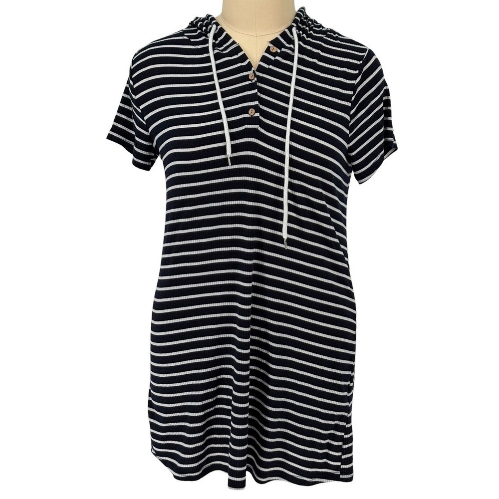 SHEIN‎ CURVE Hooded Dress Navy White Striped Ribbed Knit Short Sleeve 1XL